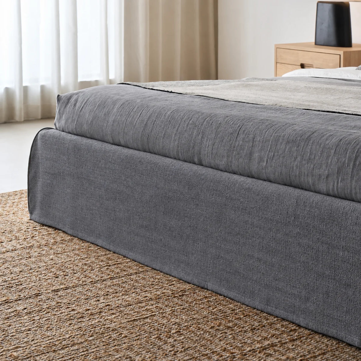 Custom Bed Frame Cover — Elara Flax · Platinum Drift