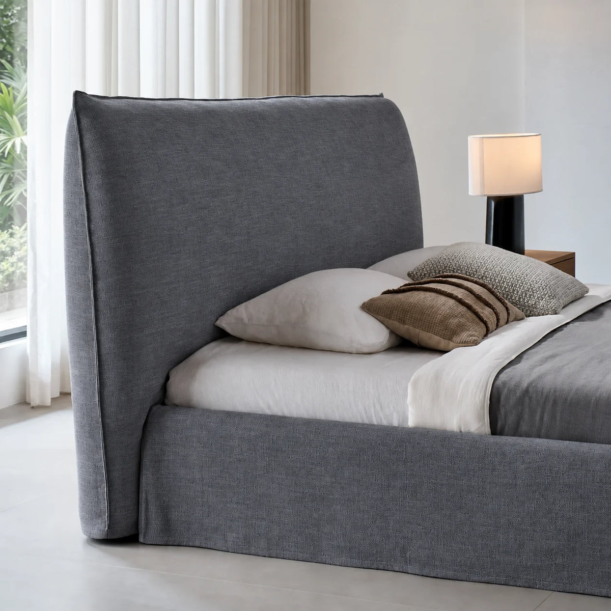 Custom Bed Frame Cover — Elara Flax · Platinum Drift