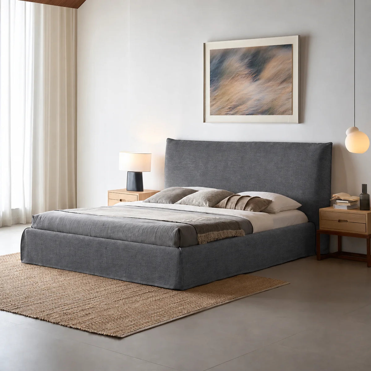 Custom Bed Frame Cover — Elara Flax · Platinum Drift