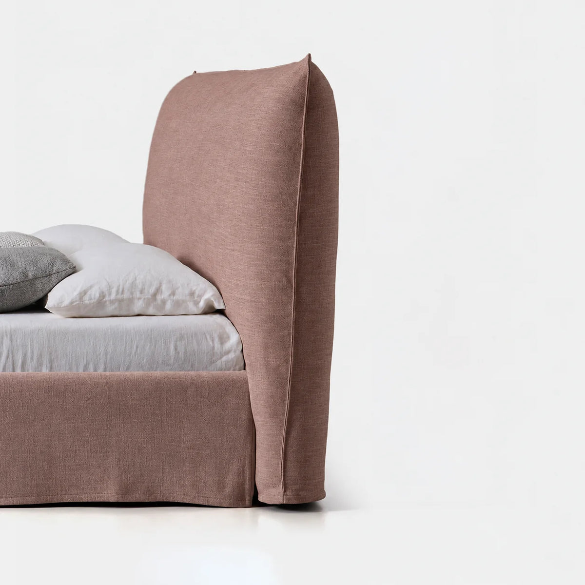 Custom Bed Frame Cover — Elara Flax · Rosewood Dusk
