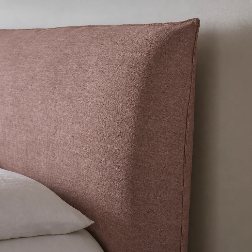 Custom Bed Frame Cover — Elara Flax · Rosewood Dusk