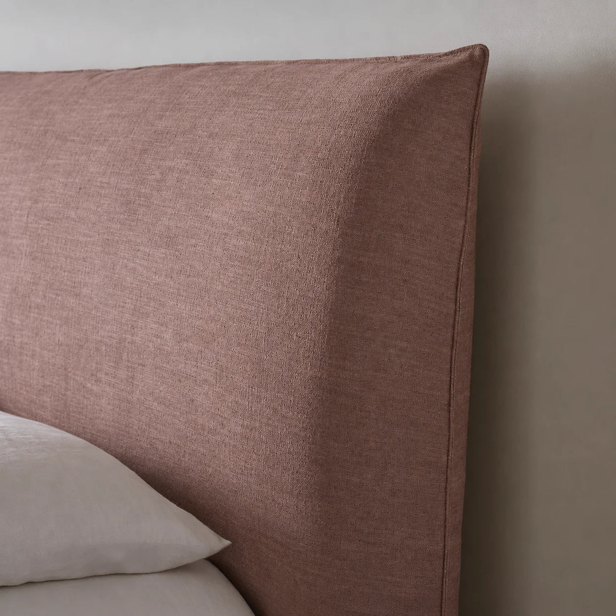 Custom Bed Frame Cover — Elara Flax · Rosewood Dusk