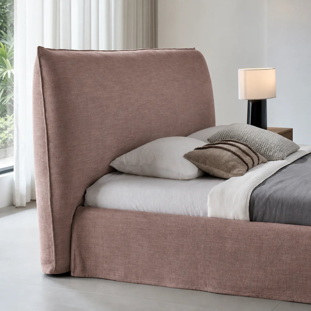 Custom Bed Frame Cover — Elara Flax · Rosewood Dusk