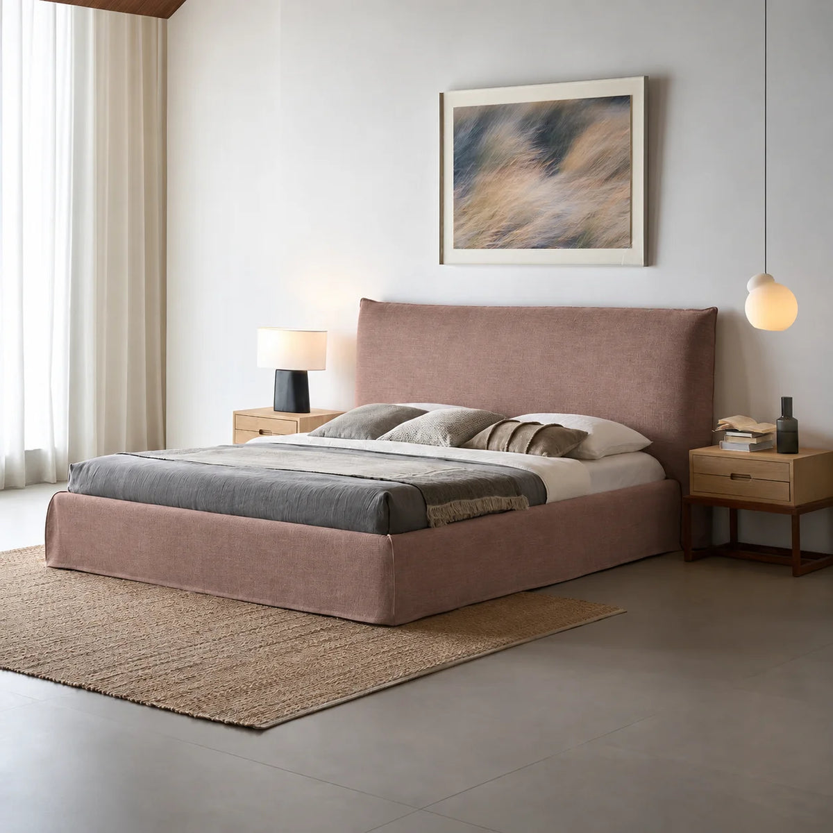 Custom Bed Frame Cover — Elara Flax · Rosewood Dusk