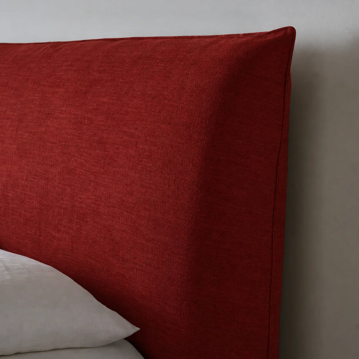 Custom Bed Frame Cover — Elara Flax · Ruby Cherry