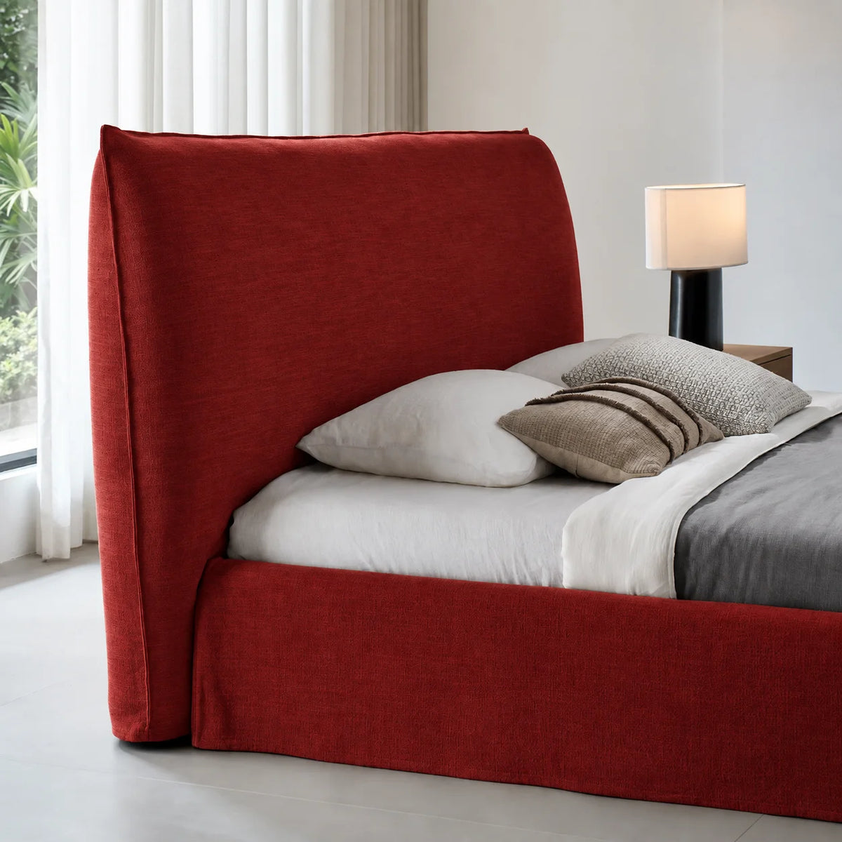 Custom Bed Frame Cover — Elara Flax · Ruby Cherry