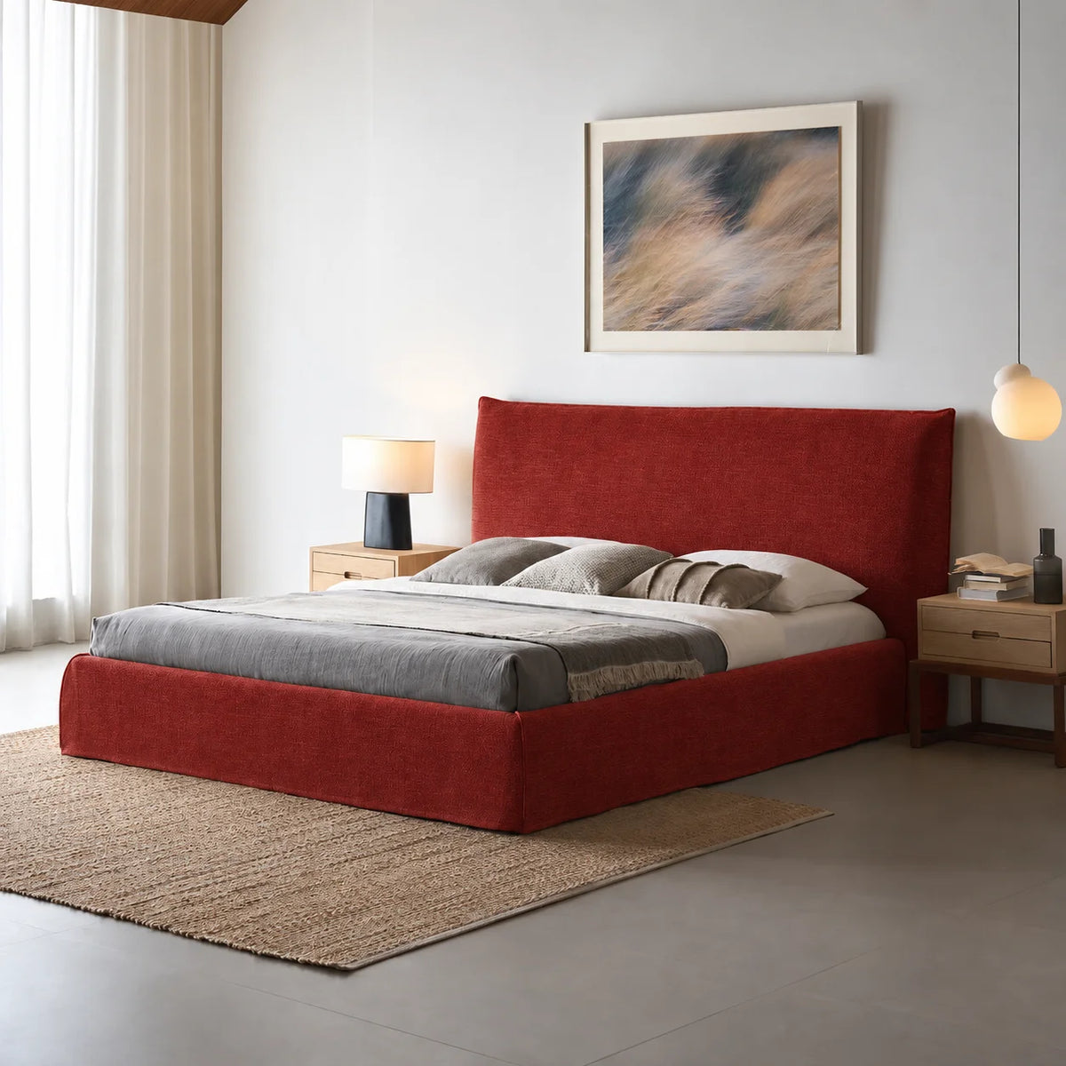 Custom Bed Frame Cover — Elara Flax · Ruby Cherry