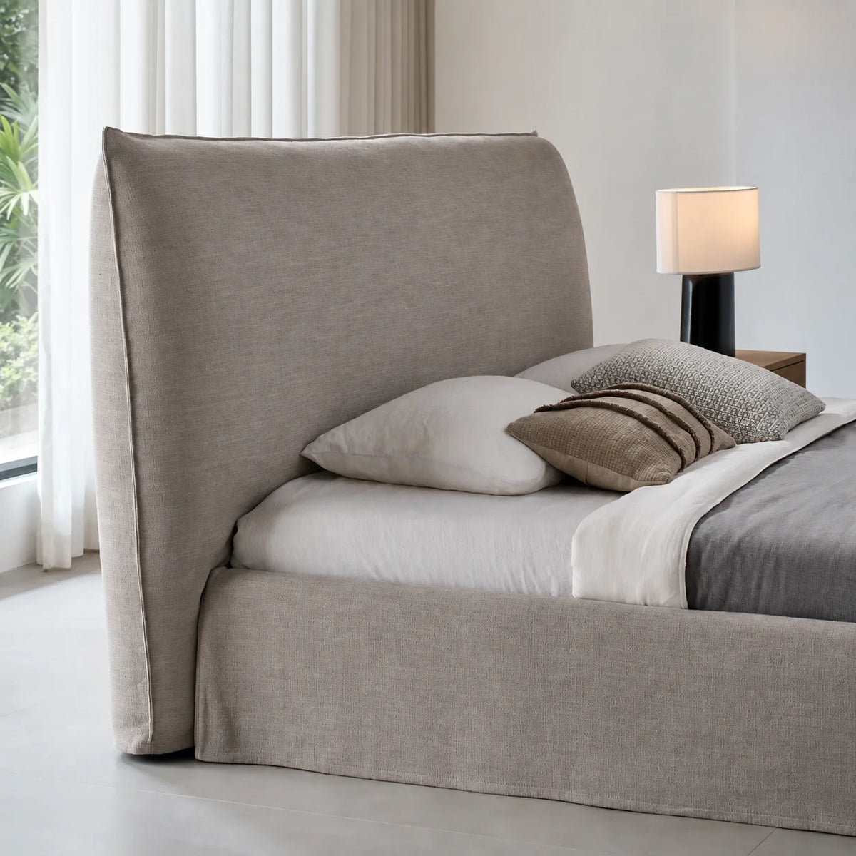 Custom Bed Frame Cover — Elara Flax · Sahara Camel