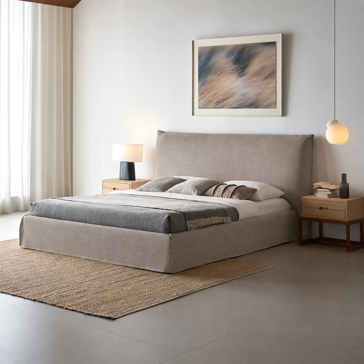 Custom Bed Frame Cover — Elara Flax · Sahara Camel