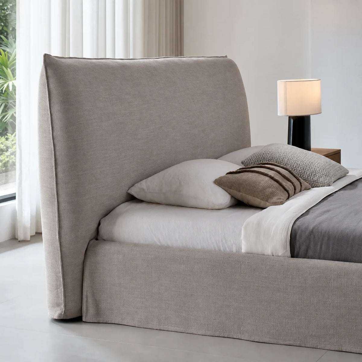 Custom Bed Frame Cover — Elara Flax · Sandstone Beige