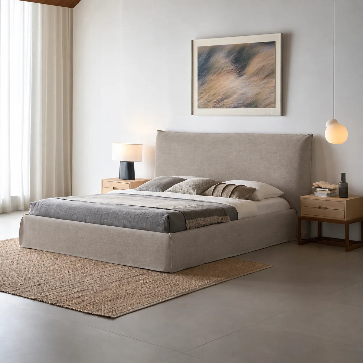 Custom Bed Frame Cover — Elara Flax · Sandstone Beige