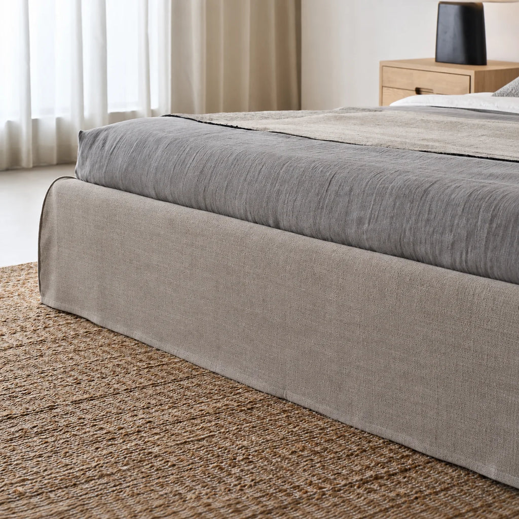 Custom Bed Frame Cover — Elara Flax · Sandstone Beige