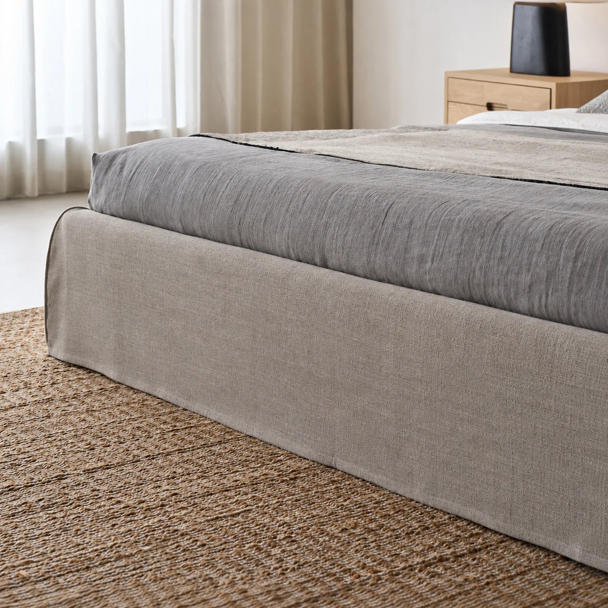 Custom Bed Frame Cover — Elara Flax · Sandstone Beige