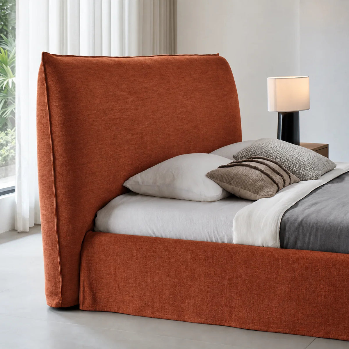 Custom Bed Frame Cover — Elara Flax · Sienna Flame
