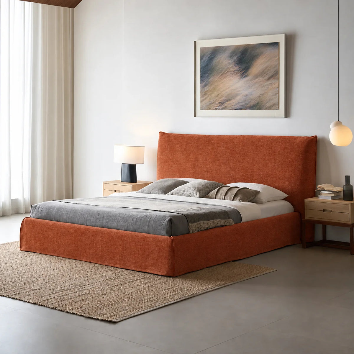 Custom Bed Frame Cover — Elara Flax · Sienna Flame