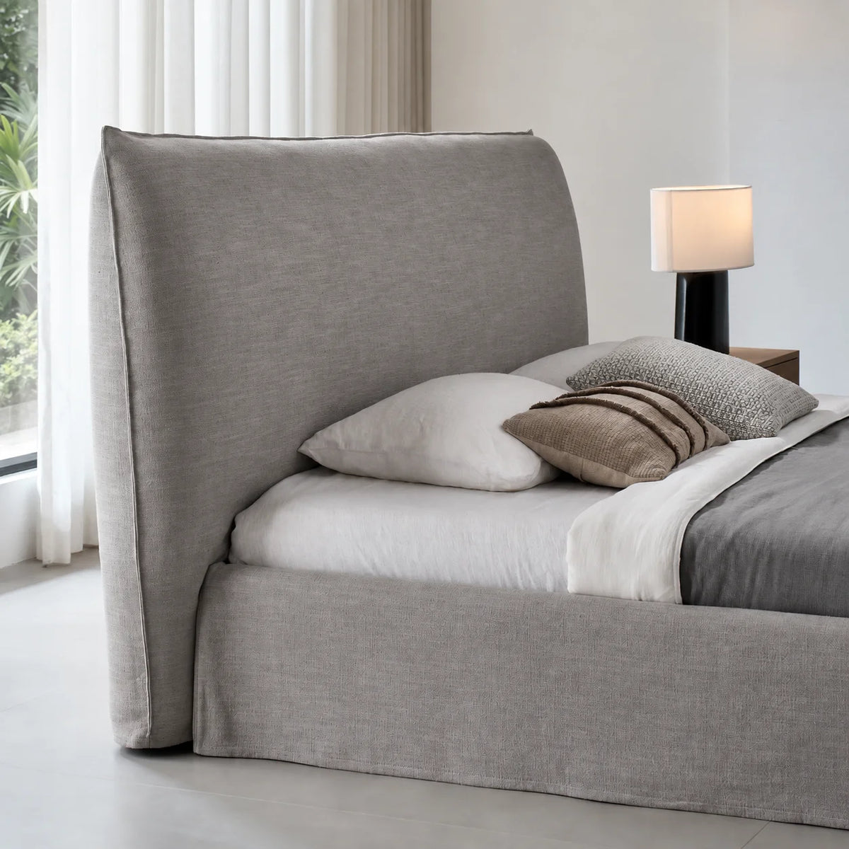 Custom Bed Frame Cover — Elara Flax · Silver Drift