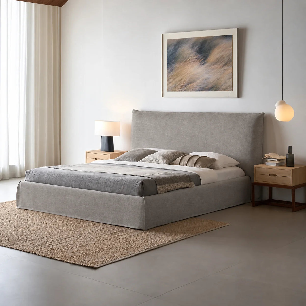 Custom Bed Frame Cover — Elara Flax · Silver Drift