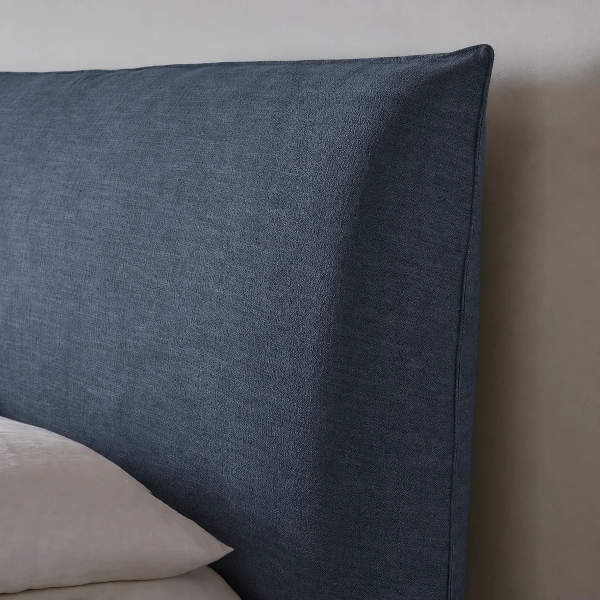 Custom Bed Frame Cover — Elara Flax · Slate Horizon