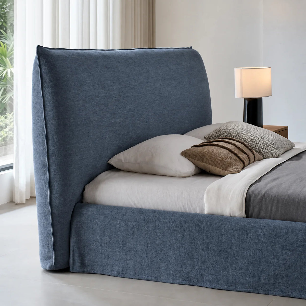Custom Bed Frame Cover — Elara Flax · Slate Horizon