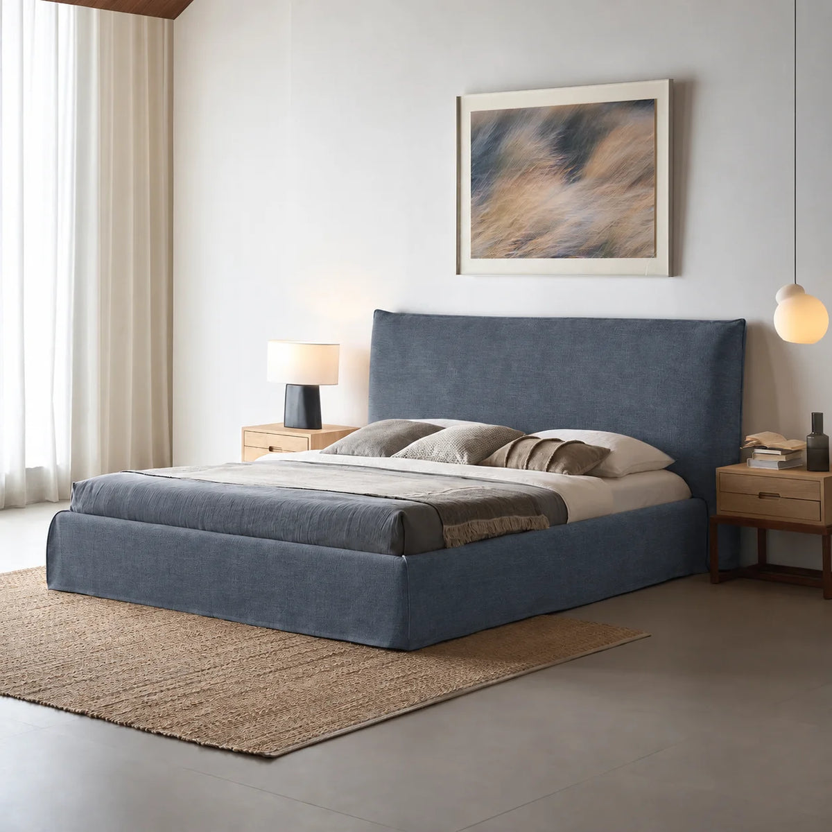Custom Bed Frame Cover — Elara Flax · Slate Horizon