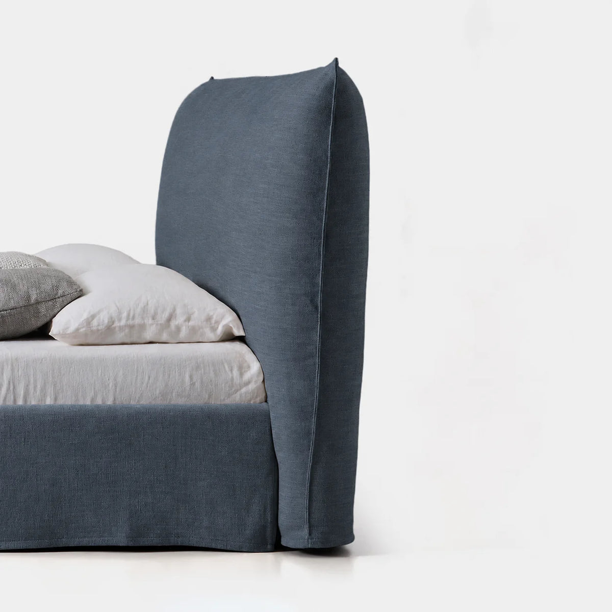 Custom Bed Frame Cover — Elara Flax · Slate Horizon
