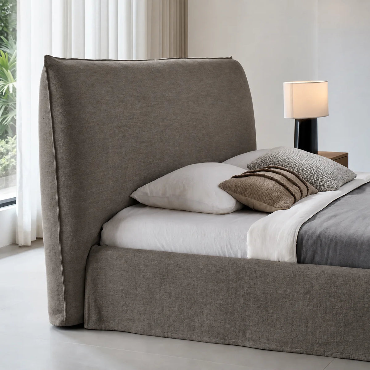 Custom Bed Frame Cover — Elara Flax · Velour Latte