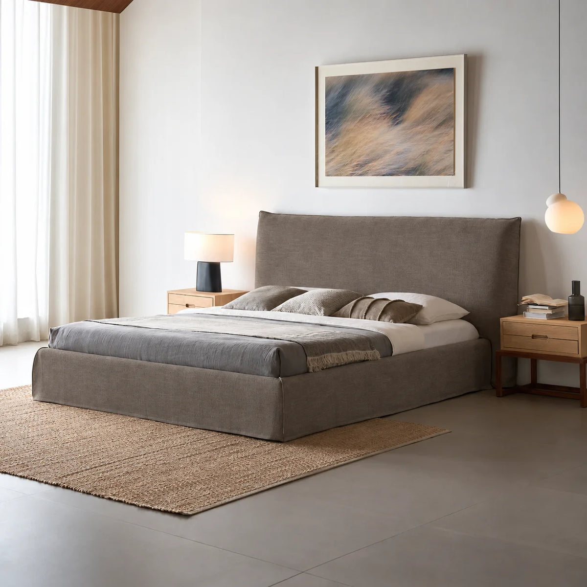 Custom Bed Frame Cover — Elara Flax · Velour Latte