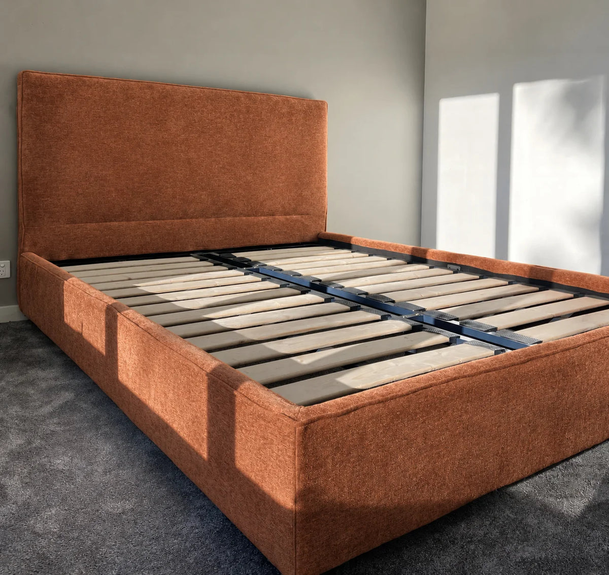 Custom Bed Frame Cover — Mistveil WX818 · Burnt Amber
