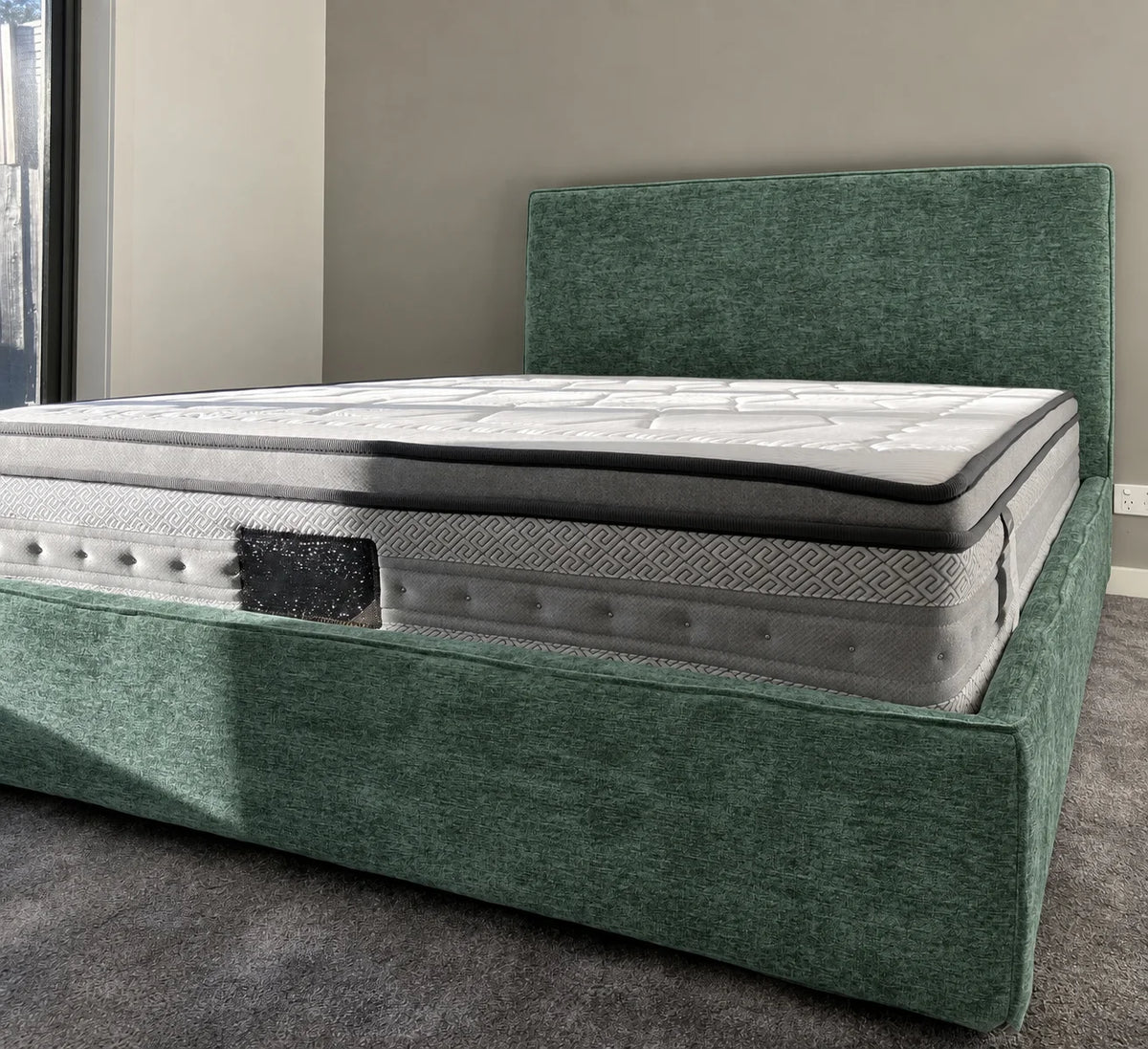Custom Bed Frame Cover — Mistveil WX818 · Emerald Luxe