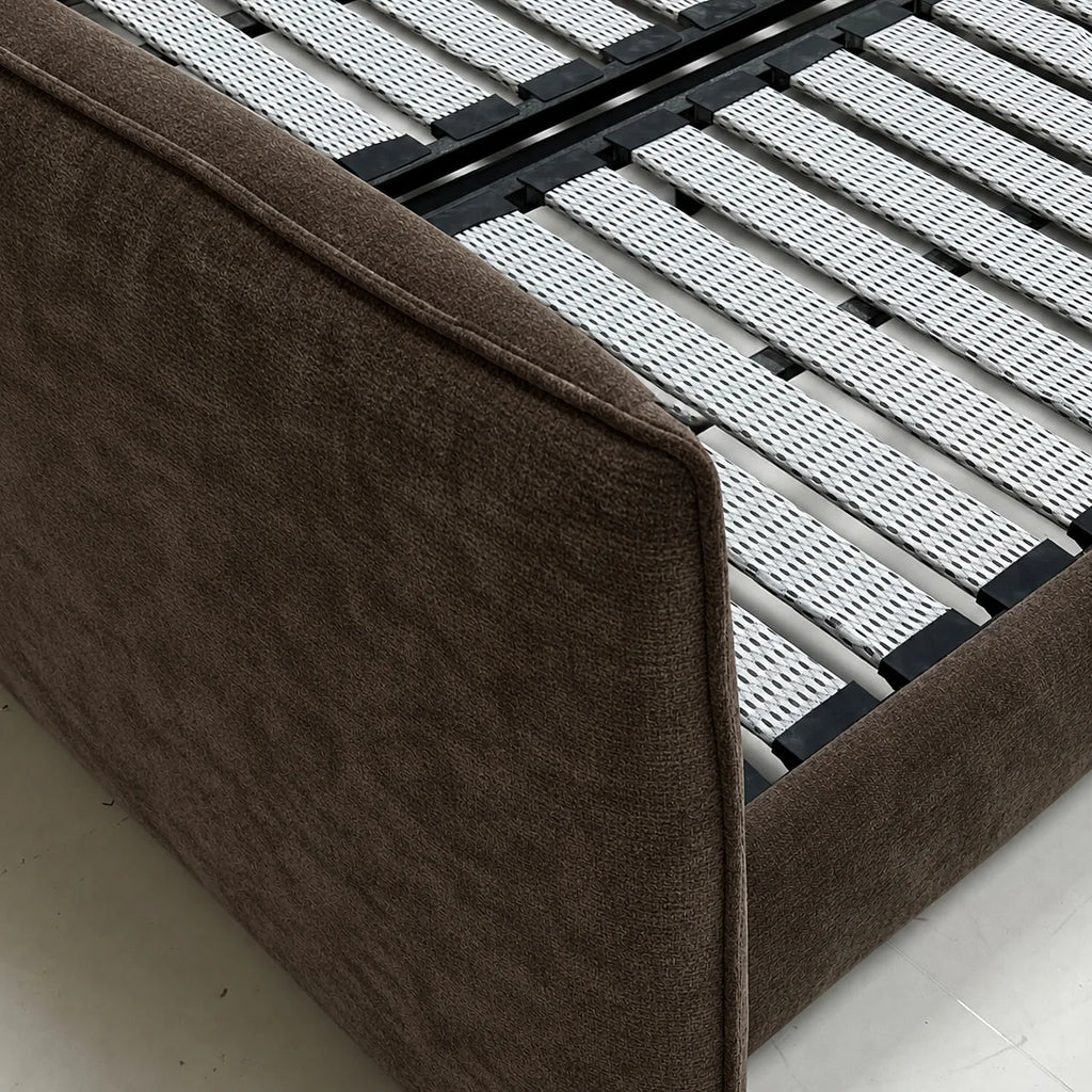 Custom Bed Frame Cover — Mistveil WX818 · Espresso Wood