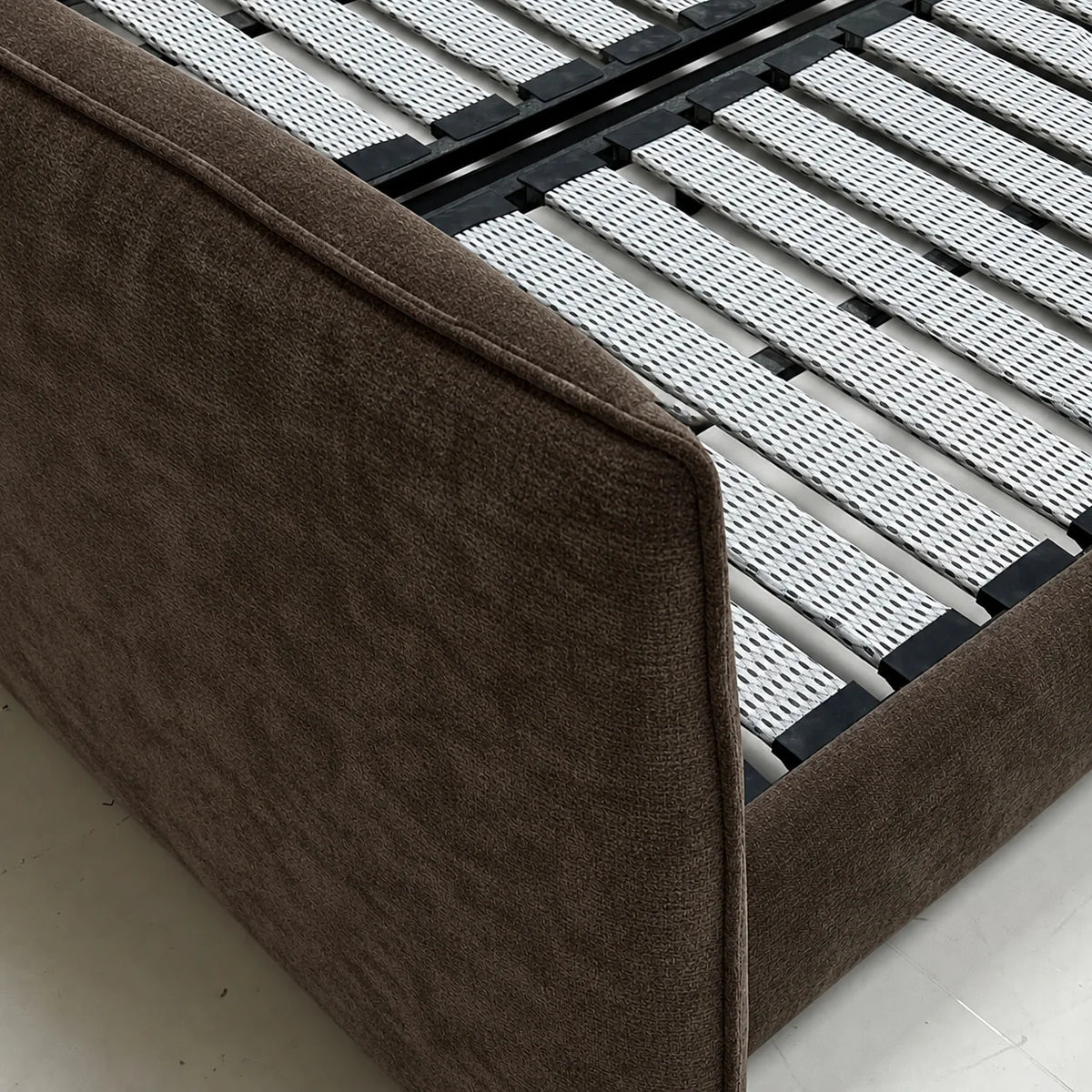 Custom Bed Frame Cover — Mistveil WX818 · Espresso Wood