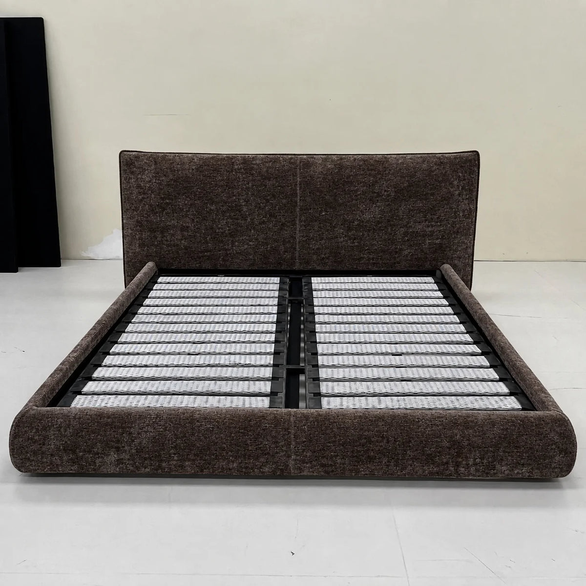 Custom Bed Frame Cover — Mistveil WX818 · Espresso Wood
