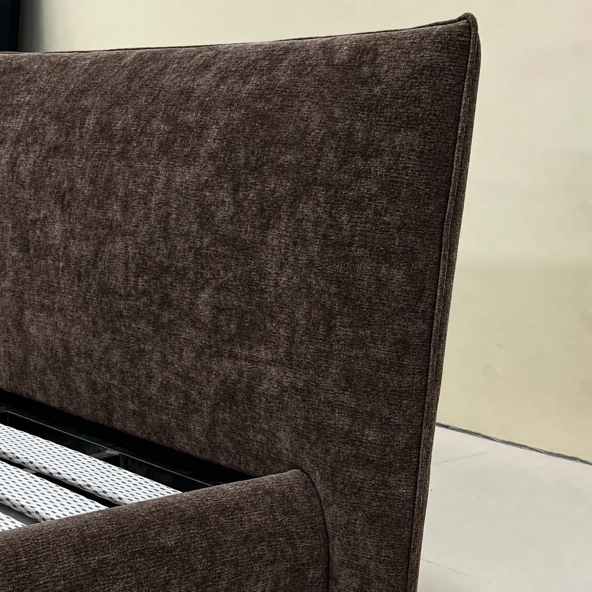Custom Bed Frame Cover — Mistveil WX818 · Espresso Wood