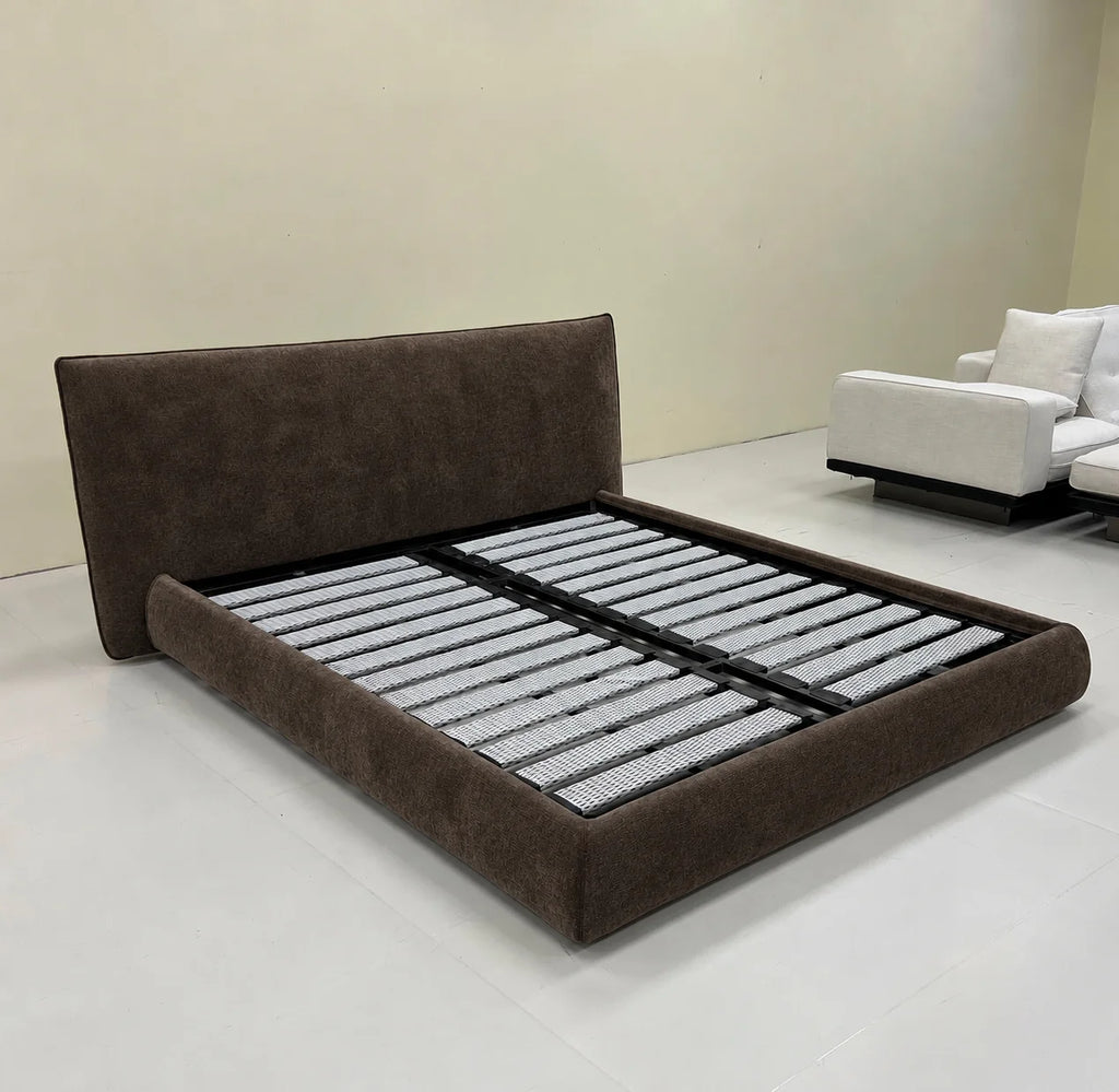 Custom Bed Frame Cover — Mistveil WX818 · Espresso Wood