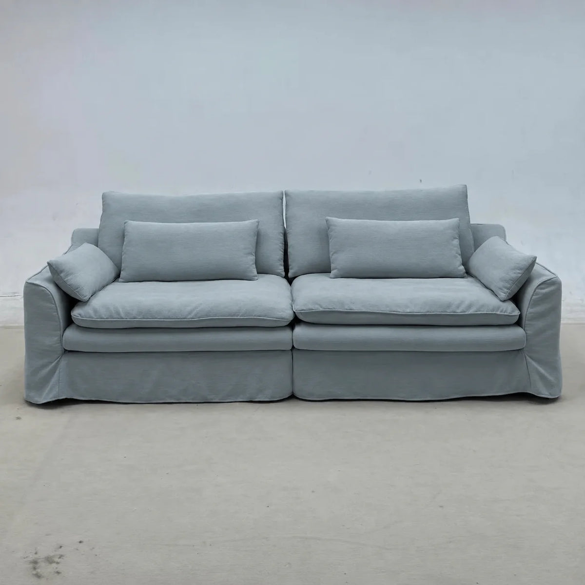 Custom Sofa Slipcover — Elara Flax · Alpine Mist