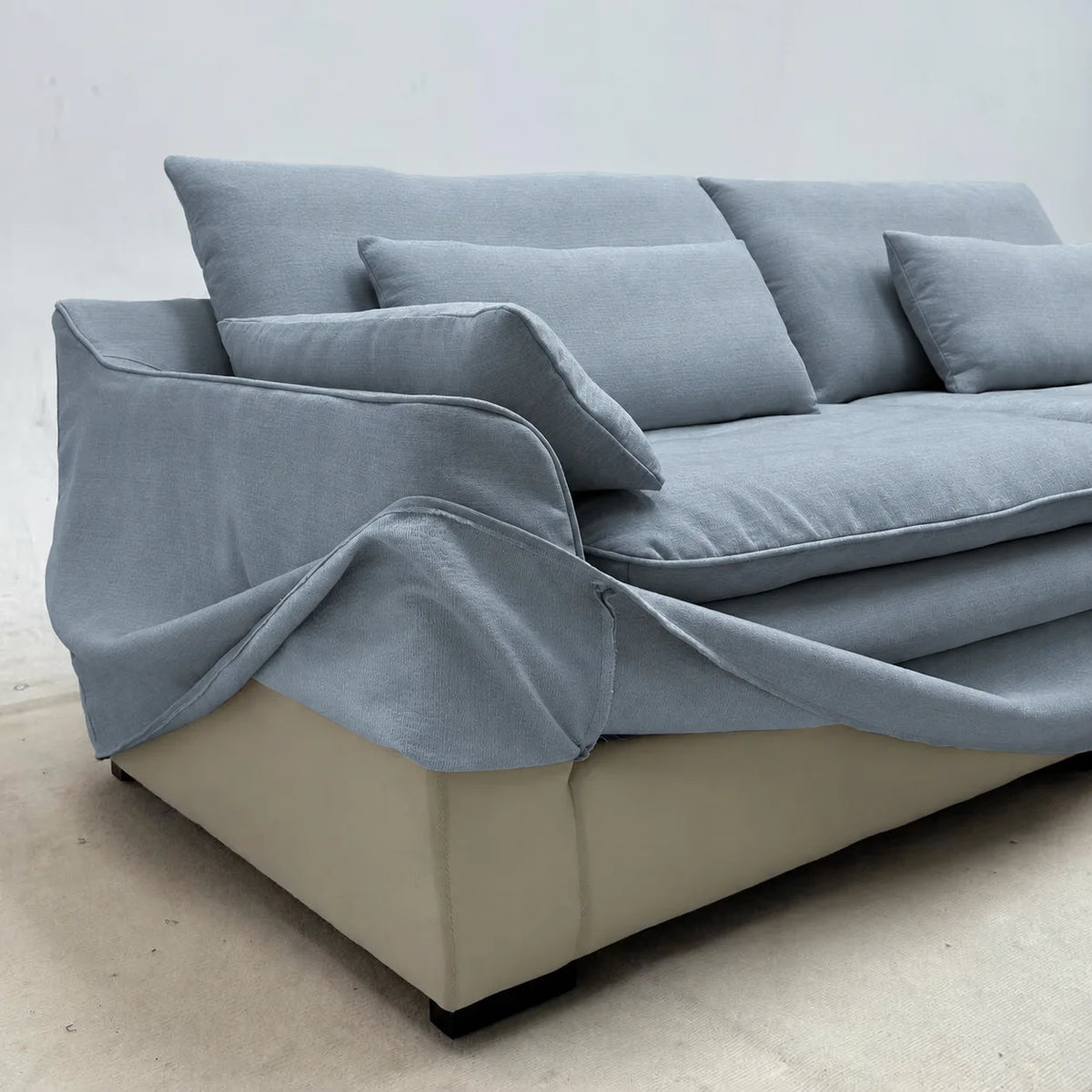 Custom Sofa Slipcover — Elara Flax · Alpine Mist