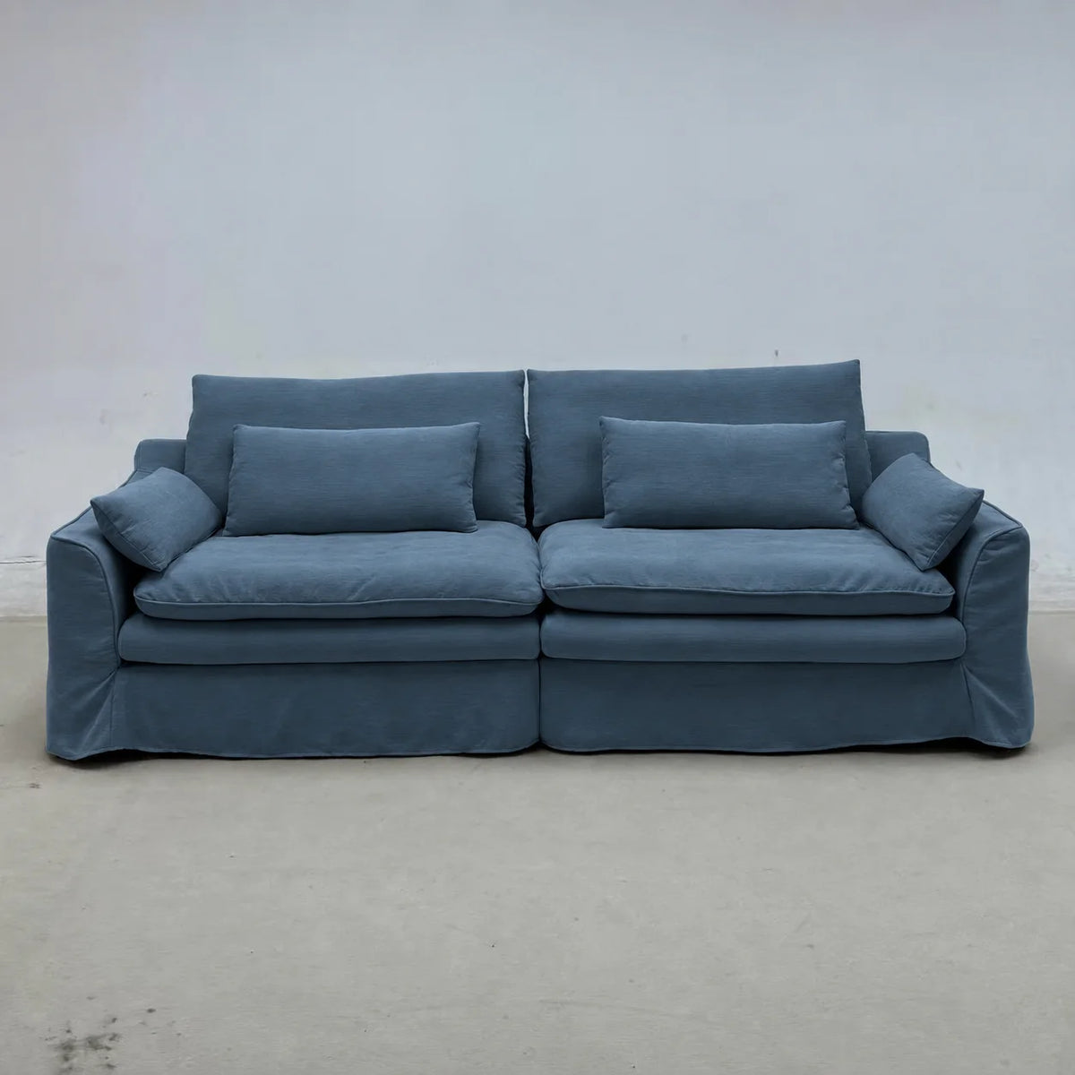 Custom Sofa Slipcover — Elara Flax · Celadon Whisper