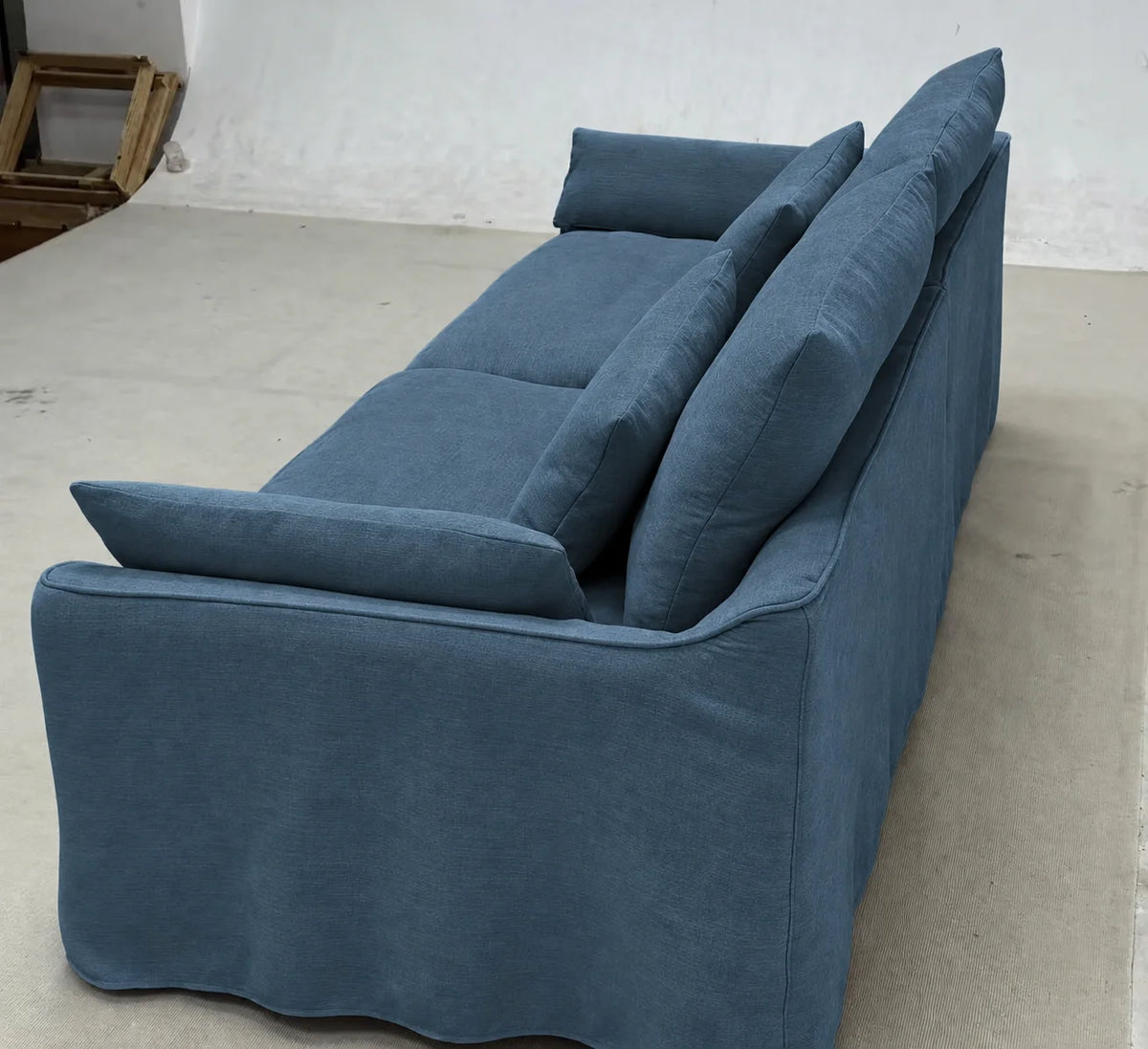 Custom Sofa Slipcover — Elara Flax · Celadon Whisper