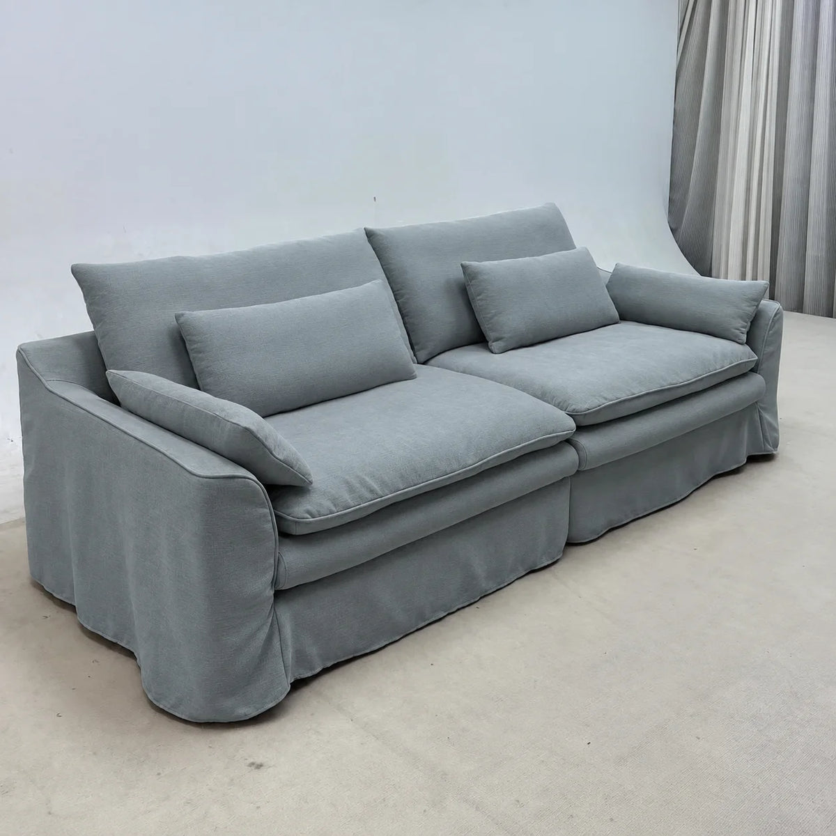Custom Sofa Slipcover — Elara Flax · Celeste Blue