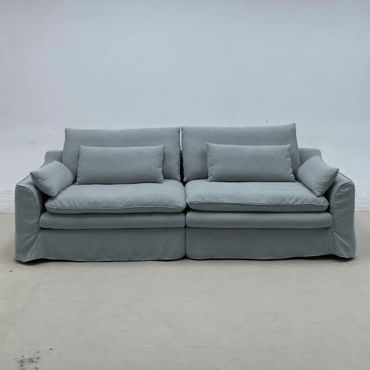 Custom Sofa Slipcover — Elara Flax · Celeste Blue