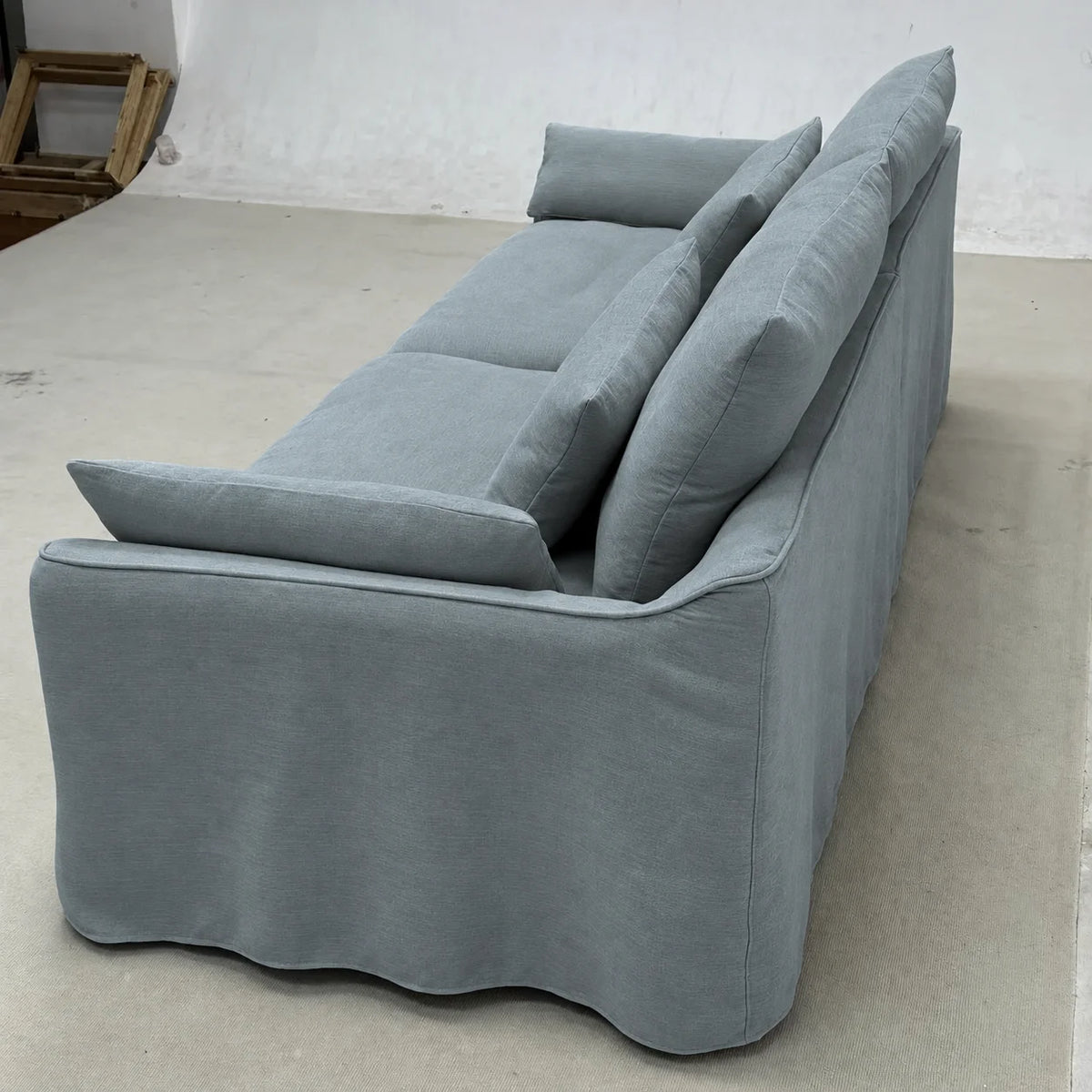 Custom Sofa Slipcover — Elara Flax · Celeste Blue