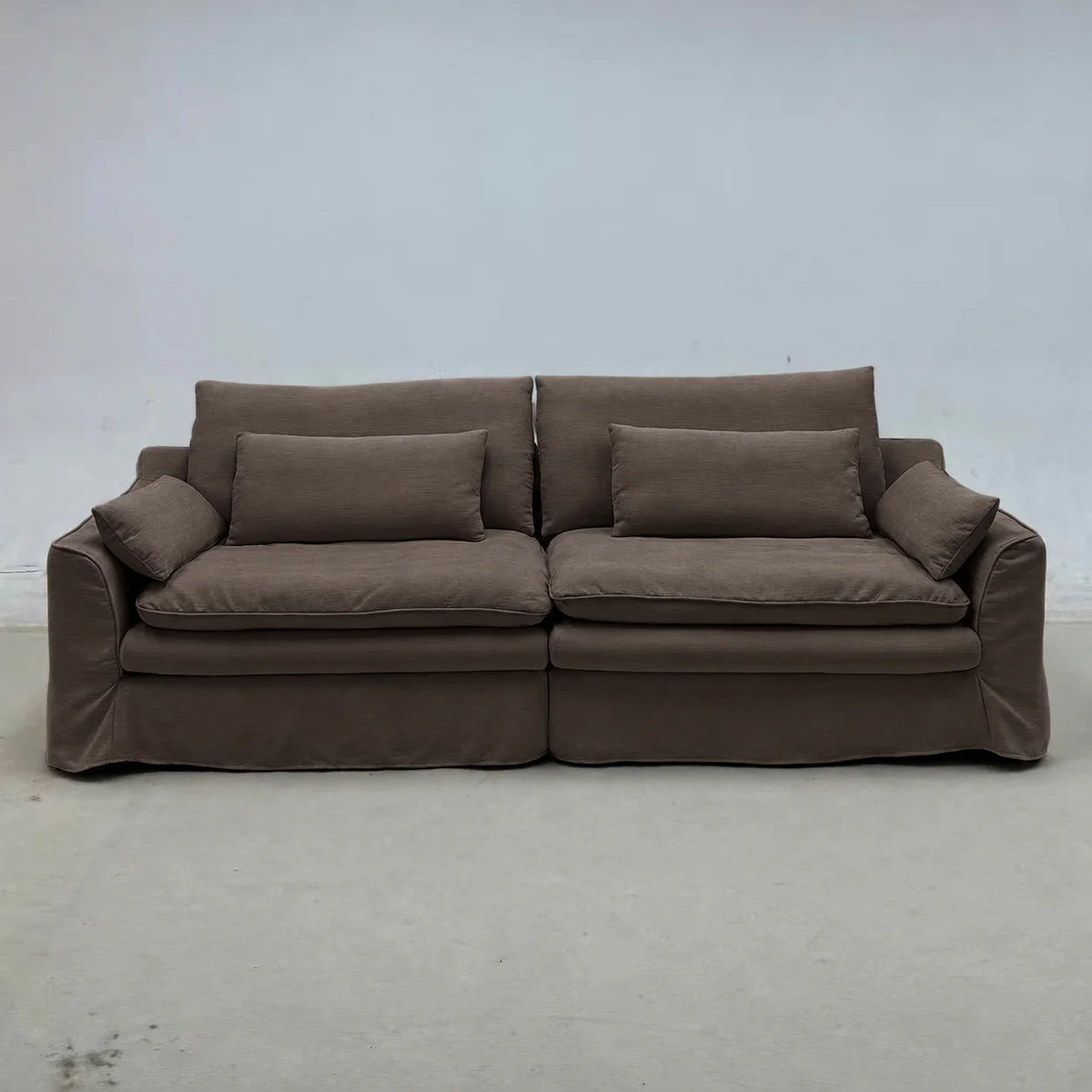 Custom Sofa Slipcover — Elara Flax · Cocoa Truffle