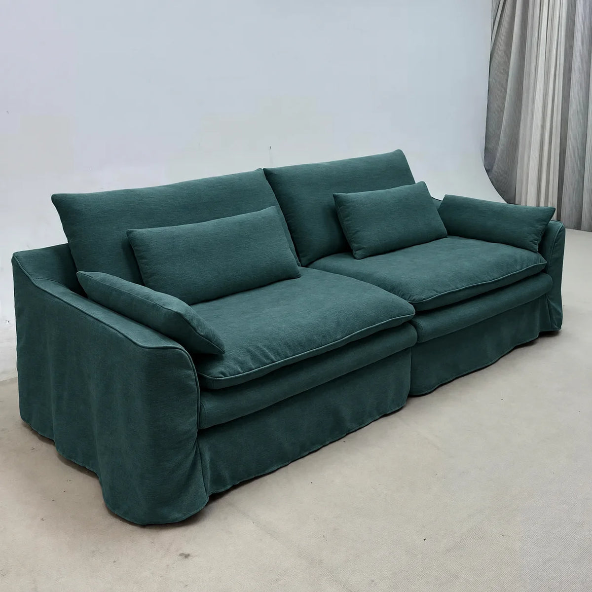 Custom Sofa Slipcover — Elara Flax · Emerald Jewel