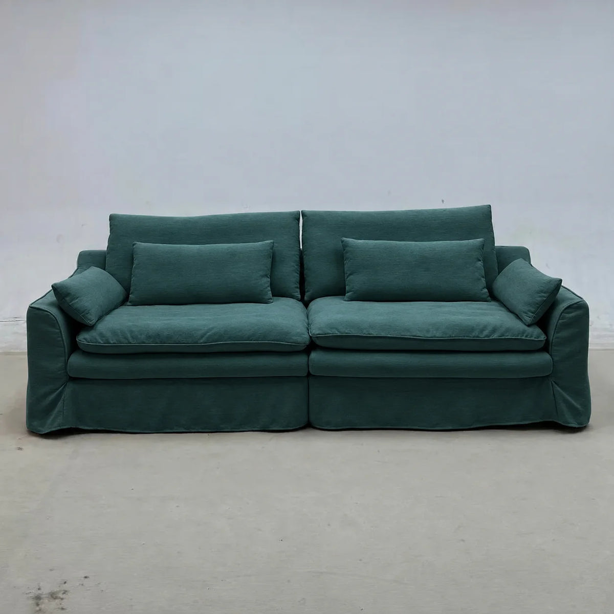 Custom Sofa Slipcover — Elara Flax · Emerald Jewel
