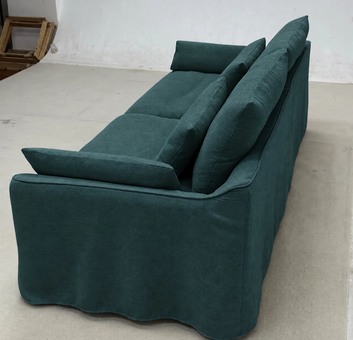 Custom Sofa Slipcover — Elara Flax · Emerald Jewel