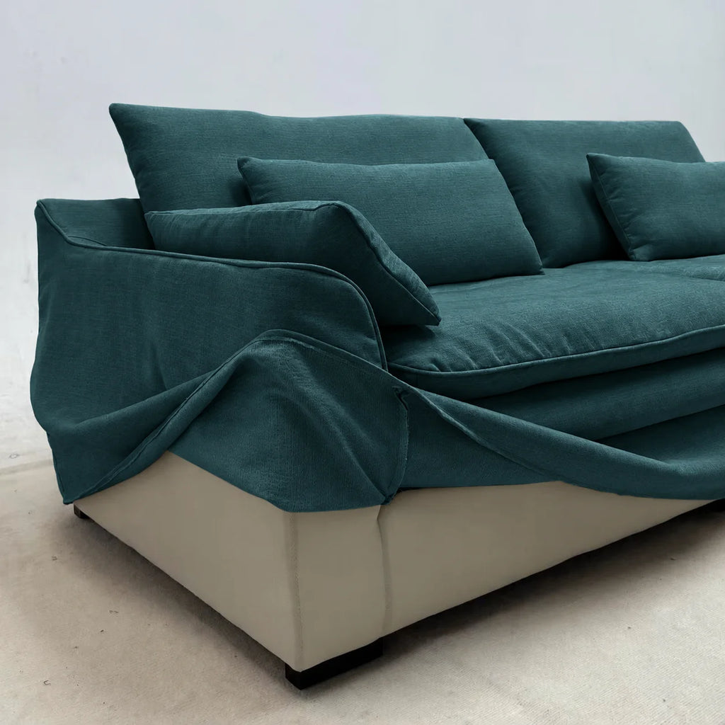 Custom Sofa Slipcover — Elara Flax · Emerald Jewel