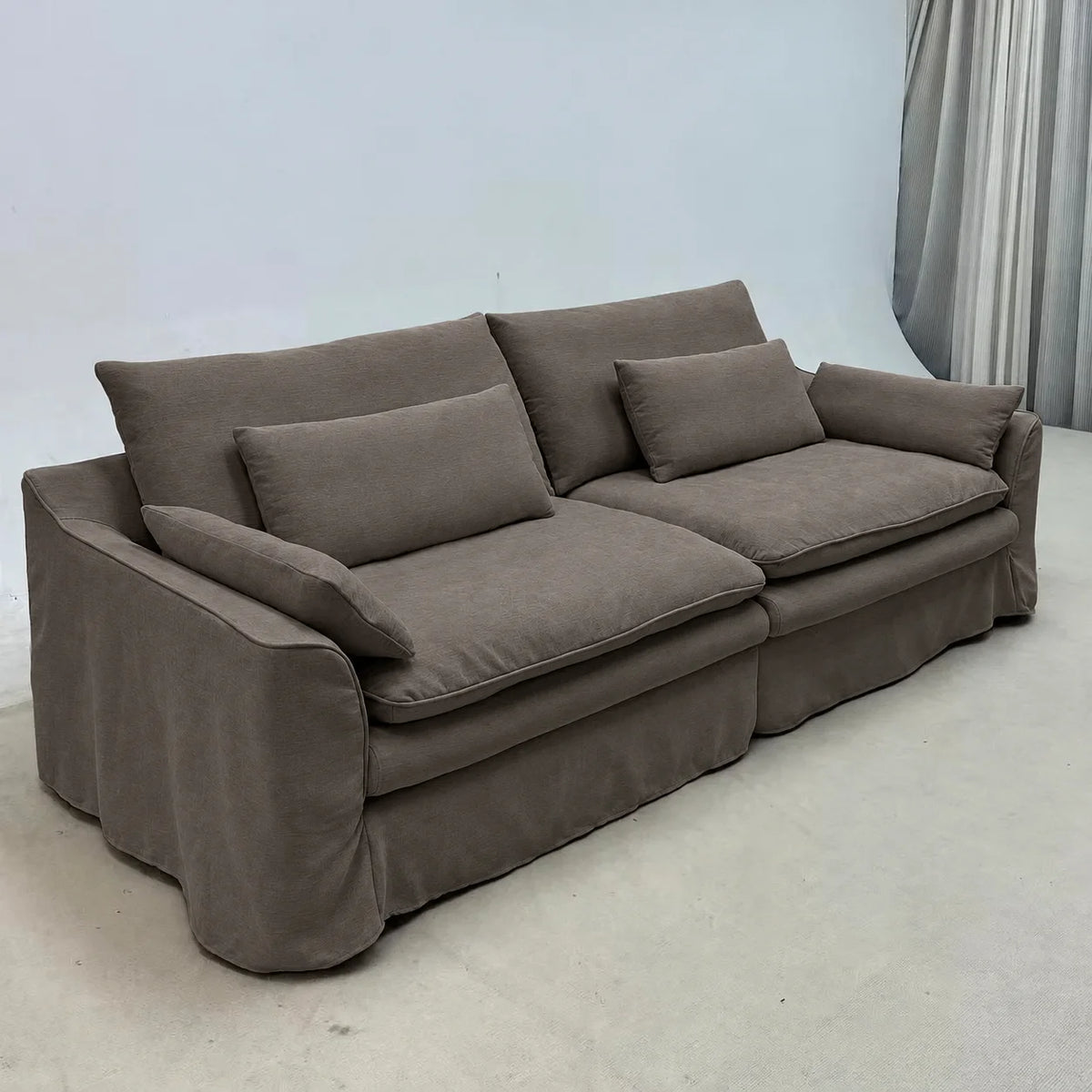 Custom Sofa Slipcover — Elara Flax · Espresso Bark