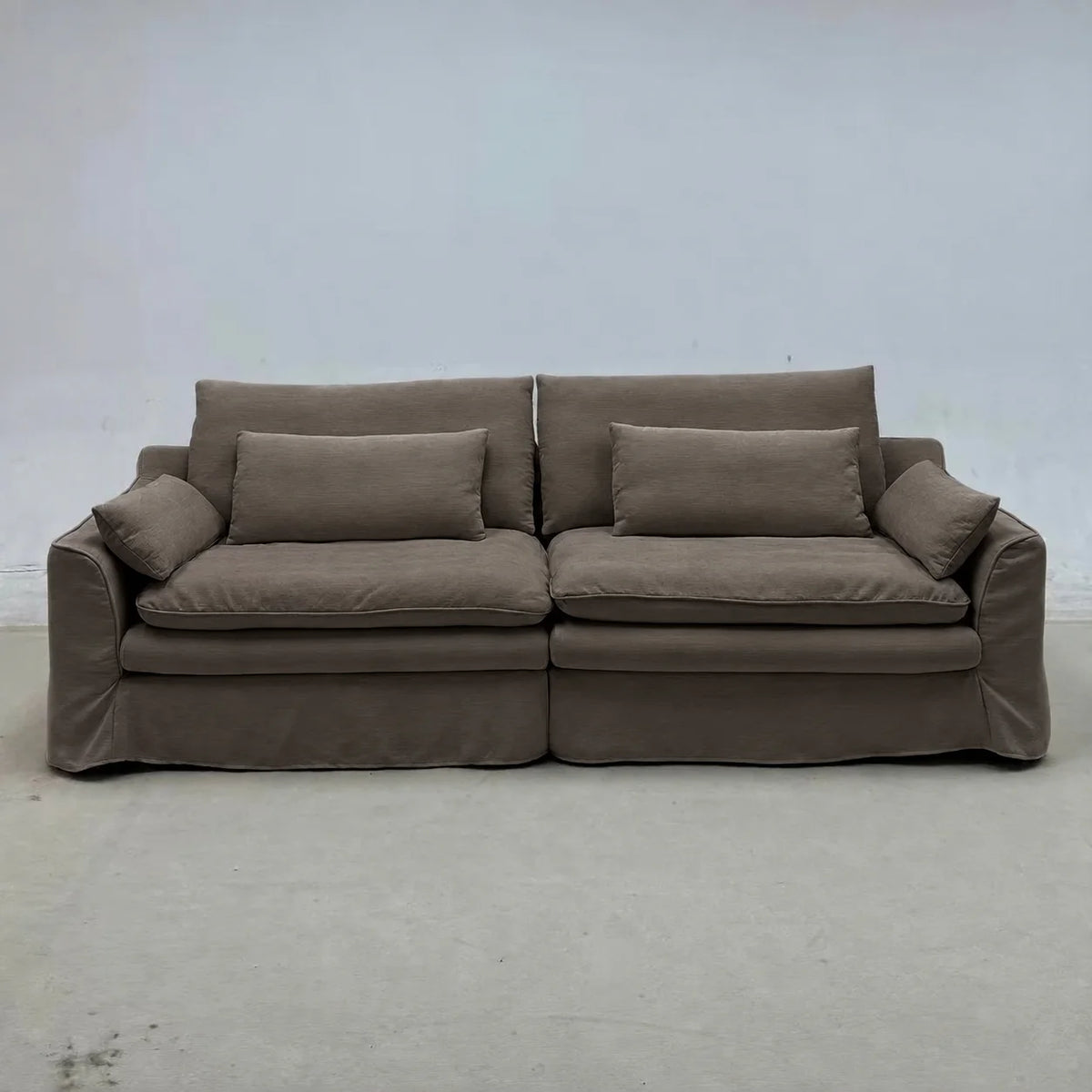 Custom Sofa Slipcover — Elara Flax · Espresso Bark