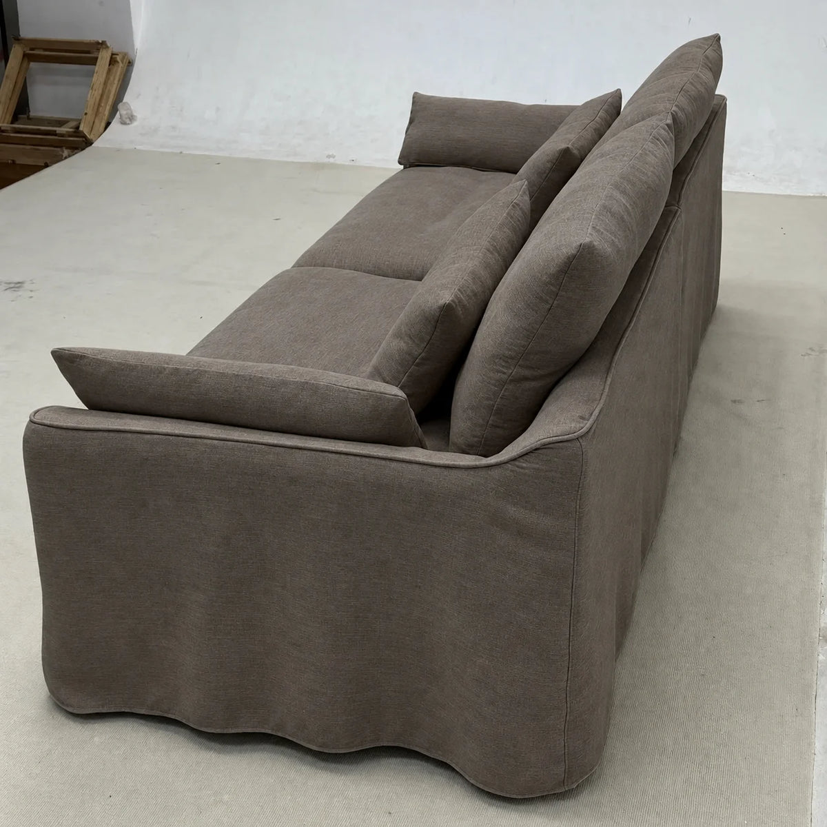 Custom Sofa Slipcover — Elara Flax · Espresso Bark