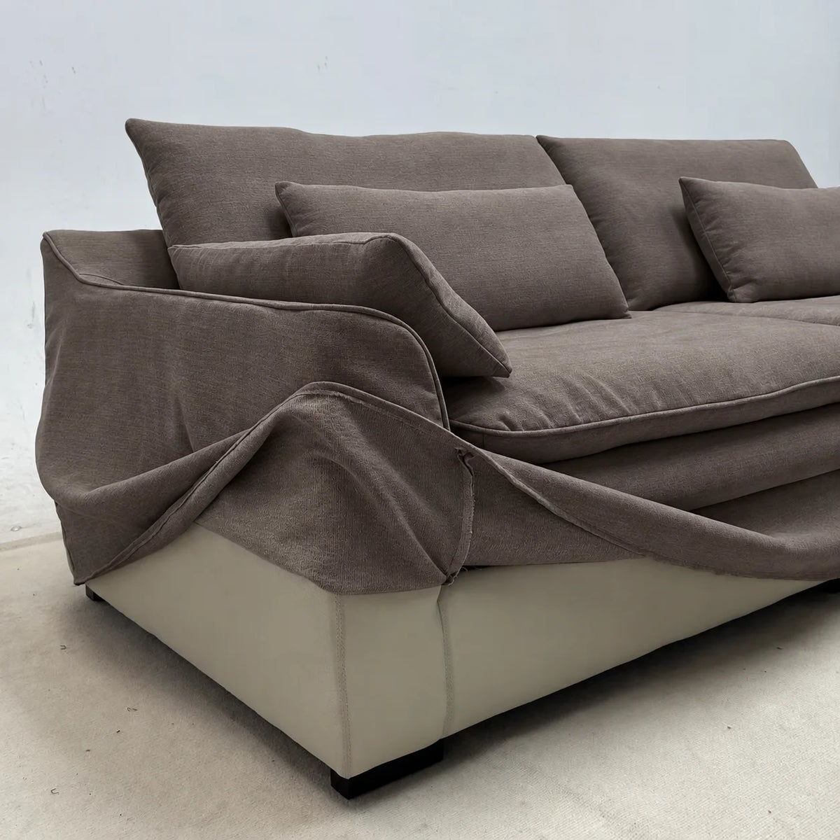 Custom Sofa Slipcover — Elara Flax · Espresso Bark